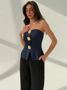 Aloruh 女式办公室无袖短款上衣，带金属纽扣装饰，米色