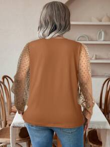 Celure Plus Size Women Polka Dot Mesh Patchwork Long Sleeve Stylish Blouse - Brown - View 2