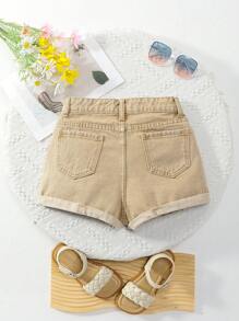 SHEIN Teens' Basic Casual Daisy Embroidery Denim Shorts - Khaki - View 2