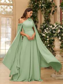 SHEIN Belle 3D Flower Decor, Flowy Sleeve, Asymmetrical Shoulder Chiffon Bridesmaid Dress, Women Evening Party Gown, Wedding Guest Dress, Formal Dress - Mint Green - View 6