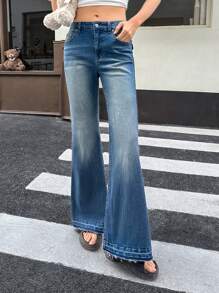 SHEIN EZwear Quần Jeans Ống Loe Lưng Thấp Co Giãn Ôm Sát Gợi Cảm Cho Nữ, Màu Xanh - Rửa tối - Xem 2