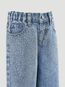 Girls Rhinestone Decor Straight Leg Jeans, Fashionable & Versatile - Medium Wash - View 3