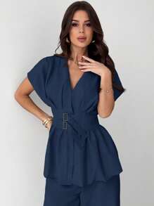 Firerie New Elegant Apricot Bamboo Knit V-Neck Buttoned Cardigan & High Waist Wide Leg Pants Commuter 2 Pieces Set - Navy Blue - View 6