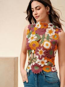 Anewsta 女士优雅沙滩休闲上衣，修身彩色不对称花卉钩编罩衫，适合沙滩、春季、夏季、节日、度假等场合。 - 彩色 - 查看 4