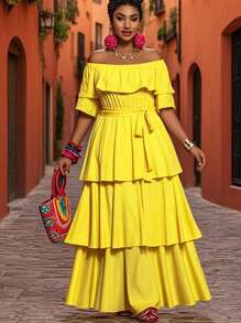 Slaydiva Plus Size Women 2025 New  Butter Yellow Arrival Casual Daily Beach Off Shoulder Layered Ruffle Belted Dress, Suitable For Spring/Summer - Yellow - View 14