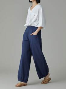 EMERY ROSE 2 Stücke Frauen Einfarbig V-ausschnitt 3/4 Ärmel Einreiher Hemd Und Hose Set 100 Baumwolle Sets Für Frauen Sommer Passenden Sets Frauen