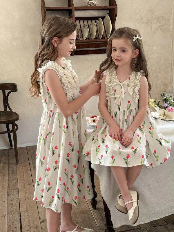 SHEIN LMoss Kids LMoss Young Girl Woven Ditsy Floral Round Neck Ruffled Hem Fitted Sleeveless Dress Vintage Girls Dress Matching Dress For Girls Unique Dresses For Girls Vintage Dresses For Girls Luxury Sisters Outfit,Suitable For Spring And Summer