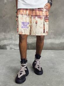 ROMWE MEN Street Life Pantalones cortos con bolsillos cargo y estampado a cuadros con cordón en la cintura para hombre