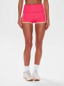 Musera Sport Foldover Waistband Contrast Trim Mini Booty Shorts, Active, Workout, Gym, Padel, Tennis, Pickleball Gym Fitness - Multicolor - View 2