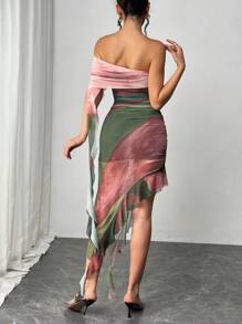 SHEIN Unity Ombre Print One Shoulder Ruched Ruffle Trim Dress Maxi Women Outfit - Mint Green - View 2