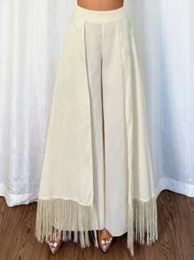 Chiquease Women's Elegant Flowy Fringe Decor Pants - Apricot - View 4