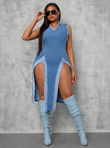 SHEIN SXY Plus Size Women Stretch Patchwork Distressed Frayed Hem High Slit Denim Dress Club Outfits Women Sexy Cowgirl Outfits For Women  Summer Outfits For Women Festival Outfits