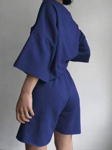 INAWLY 2 件套女士纯色落肩上衣和腰带短裤套装 - 寶藍色 - 查看 2