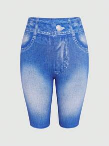 Women's Casual Denim Effect Slim Fit Shorts - Dusty Blue - View 5