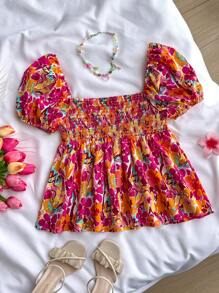 SHEIN 少女度假碎花方领泡泡袖衬衫，可爱碎花上衣 - 紅色 - 查看 2