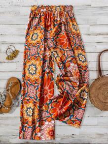 SHEIN LUNE 加大码女式花卉印花腰带阔腿休闲裤母亲节夏季波西米亚风简约时尚度假休闲 - 彩色 - 查看 2