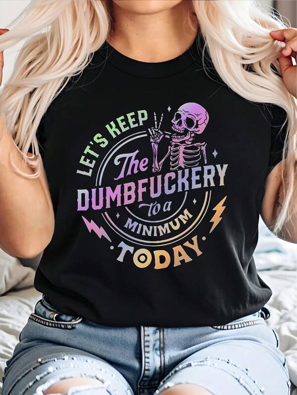 SHEIN CURVE+ Plus Size Summer Casual Letter & Skull Print Round Neck Short Sleeve T-Shirt