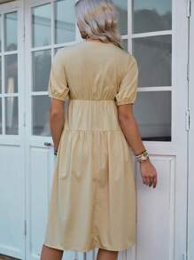 LanaWest Mid-Length Embroidered Patchwork Color Casual Vacation Dress - Apricot - View 2