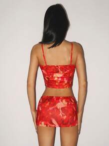 SHEIN ICON Set di canotta senza maniche con scollo a V e gonna aderente corti con stampa retrò, stile vacanziero, per l'estate