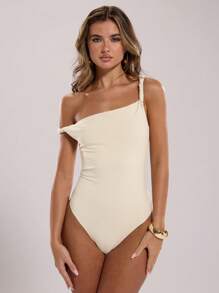 SHEIN BAE 女士纯黑色不对称扭领休闲紧身衣/时尚街头服饰，百搭简约/无袖紧身衣 - 杏色 - 查看 4