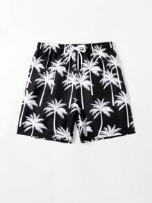 SHEIN Tween Boy Palm Tree Print Drawstring Waist Swim Shorts