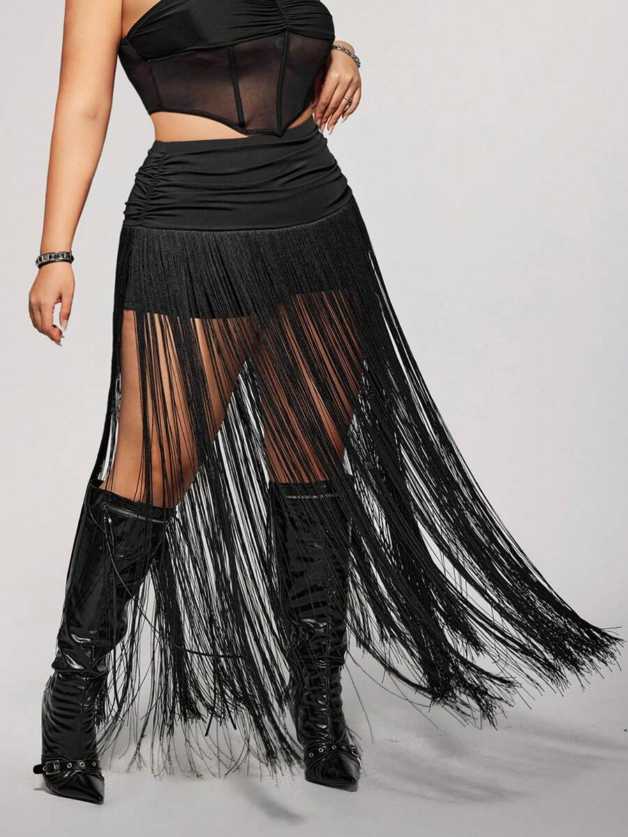 SHEIN ICON Plus Size Extra Long Fringe Pants, Suitable For Music Festivals, Western Style - Black - View 1