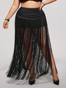 SHEIN ICON Plus Size Extra Long Fringe Pants, Suitable For Music Festivals, Western Style - Black - View 6