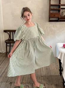 SHEIN LMoss Kids Tween 女童纯色方领主教袖修身休闲连衣裙