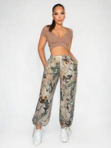 Zolique Women's Leaf Print Drawstring Waist Pants Fall Cloth For Women - Multicolor - View 5