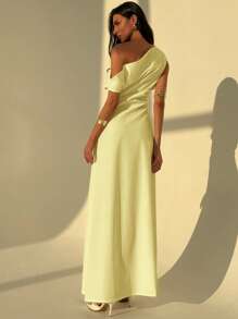 Aloruh 优雅不对称肩部褶皱腰A字裙，简约通勤纯色修身连衣裙