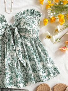 Soleia Vacation Casual Tie-Up Cinched Waist Ruffle Hem Bandeau Top - Green - View 8