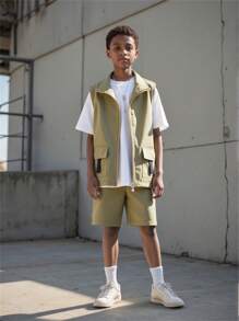 SHEIN 3pcs/Set Tween Boys' Solid Color T-Shirt, Utility Vest And Pants Outfit - Multicolor - View 1