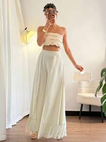 Chiquease Women's Elegant Flowy Fringe Decor Pants - Apricot - View 5