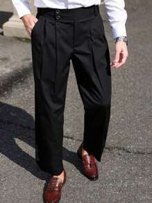 Manfinity Homme 男士纯色口袋褶皱宽松阔腿休闲裤男阔腿裤男装男裤子男士阔腿裤 - 黑色 - 查看 1