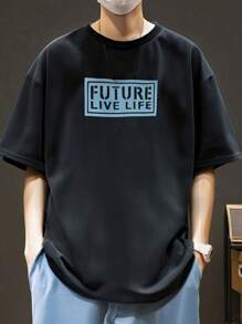 SHEIN 2pcsTeenboy Casual Versatile Comfortable Cost-Effective Casual Monogrammed Crew Neck T-Shirt And Gym Shorts Set;Suitable For Spring, Suitable For Spring/Summer Outing, Spring - Blue - View 1