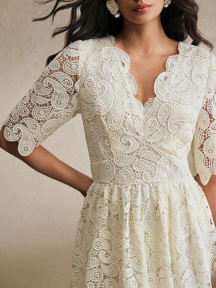 Elegant, Fashionable V-Neck Wavy-Edged Sleeve Cashew Flower Hollow Sheer Texture Waist-Cinched Slimming Long Dress, Suitable For Valentine's Day, Summer Beach Vacation, Spring Outfits For Women