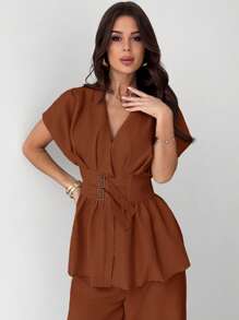 Firerie 全新优雅简约米色竹针织 V 领开衫，系腰带和阔腿高腰裤办公室套装 - 鏽棕色 - 查看 7