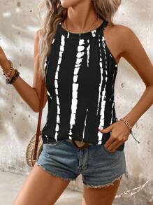 SHEIN LUNE Women's Tie-Dye Printed Loose Casual Halter Neck Tank Top,Casual - Black - View 5