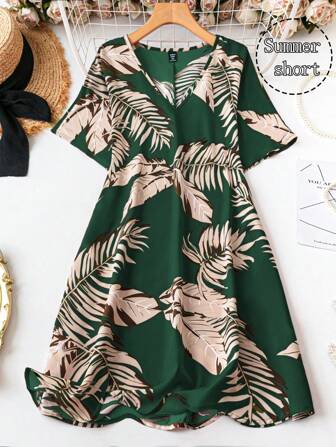 SHEIN LUNE Vestido casual de talla grande con estampado de plantas para vacaciones