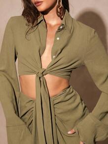 Silquee Luxury In Linens, Take It Slow, Timeless Linens, Women's Solid Color Green, Natural Green Linen Fashion Tie Front Shirt, Comfy Fabric, Suitable For Commute, Daily, Vacation, Resort Wear, Beach Cover-Up, Night Out, Hangout With Friends, Beach Party, Pool Party - Army Green - View 3