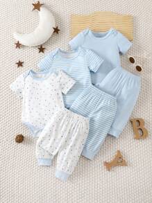 SHEIN Playful Pals Bộ 6 món cho bé sơ sinh, kiểu dáng thường ngày, kẻ sọc và họa tiết ngôi sao, cổ tròn, tay ngắn, áo liền quần và quần, chất liệu vải dệt kim thoải mái, phù hợp cho hoạt động ngoài trời và mặc hàng ngày, dành cho bé từ 0-9 tháng tuổi. - Xanh và trắng - Xem 9