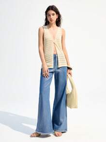 LYSMO 女士休闲针织前系带无袖背心马甲，简约轻松，适合度假 - 卡其色 - 查看 6