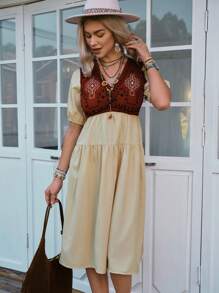 LanaWest Mid-Length Embroidered Patchwork Color Casual Vacation Dress - Apricot - View 5