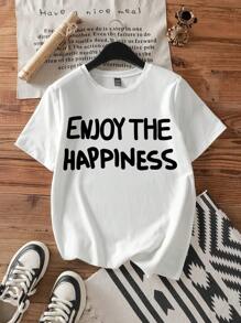 SHEIN EZwear Casual Graphic Print Crew Neck Short Sleeve Fitted Women T-Shirt, Cotton Blend, Suitable For Summer