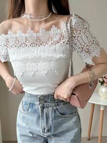 FRIFUL Áo thun nữ tay ngắn, Áo khoác ngoài hở vai thường ngày mùa hè cho nữ - trắng - Xem 4