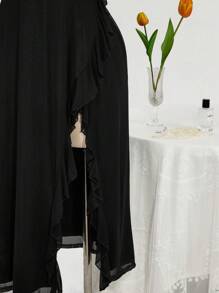 SHEIN ICON Plus Size Square Neck Ruffle Hem Fitted Dress, Wedding Party Formal Attire, Spring Wedding Guest Romantic Outfit - Black - View 4