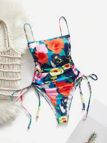 SHEIN VCAY Costume da bagno intero con laccetti laterali a fiori per donna - Multicolore - Visualizzare 2