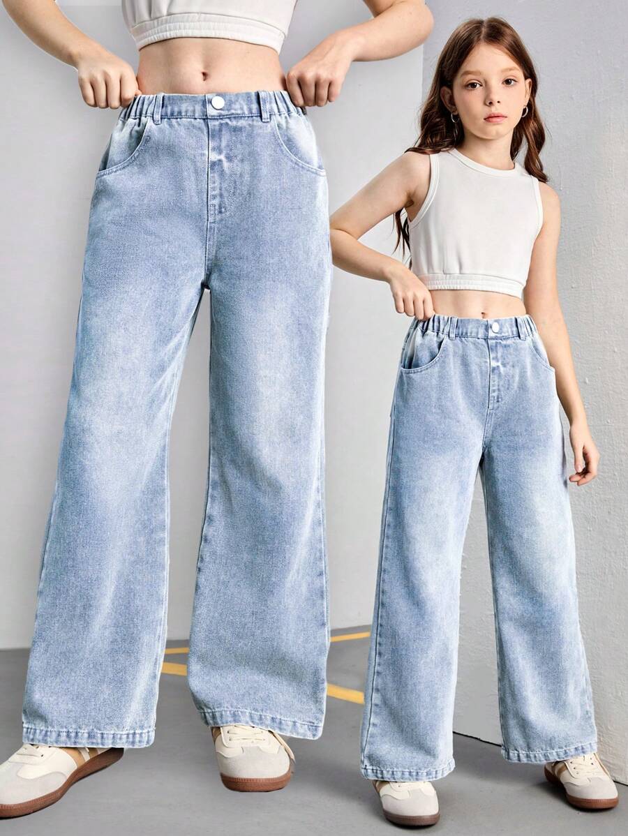 SHEIN بنطلون جينز مستقيم الساق بقصة فضفاضة ومريحة وغسيل فاتح للفتيات المراهقات، تصميم متعدد الاستخدامات مناسب للارتداء اليومي والمدرسة والحرم الجامعي والكلية وعطلة الصيف - أزرق فاتح - مشاهدة 1