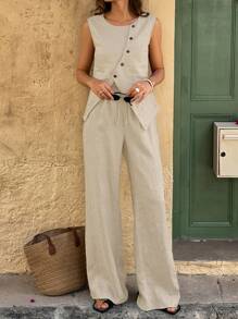 Breezaya Women's Vacation Style Single Breasted Shirt And Pants Casual 2 Pieces Set