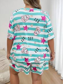 SHEIN CURVE+ Plus Size Women's Star Printed Short Sleeved Casual Set, Striped Star Pattern Two Pieces Set - Multicolor - View 2